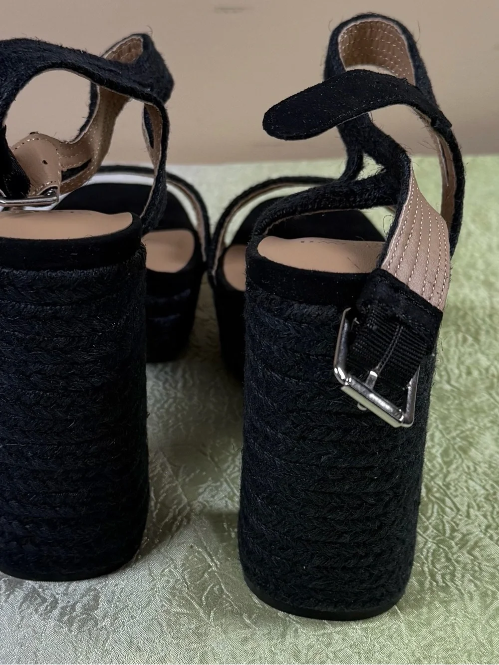 Black Platform Espadrille Heeled Sandals with Ankle Strap